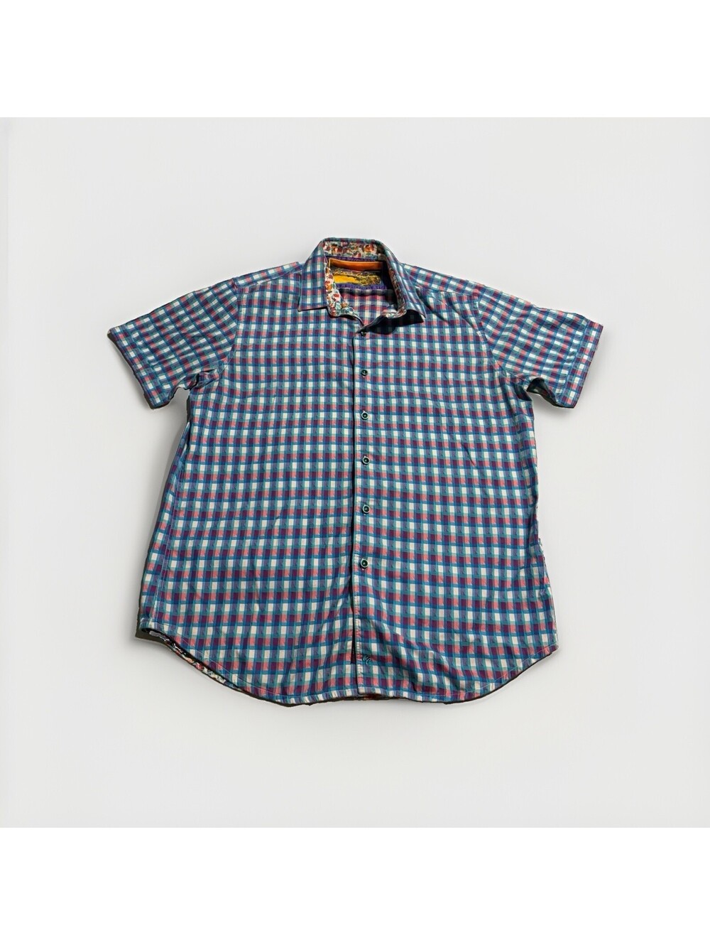 ROBERT GRAHAM plaid check short sleeve cotton shirt L contrast trim club dress